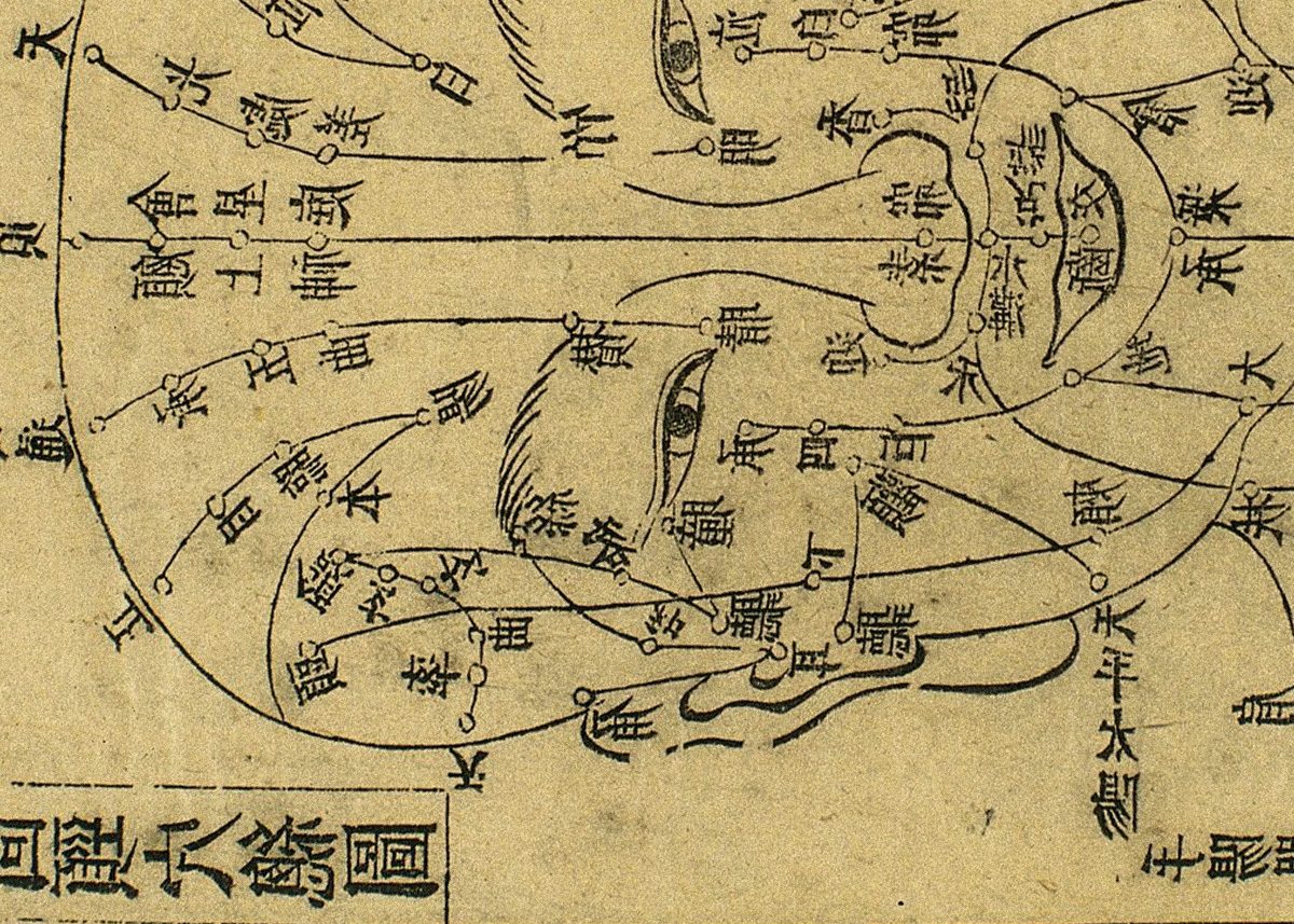 A historic Chinese acupuncture chart of the face and its meridian points